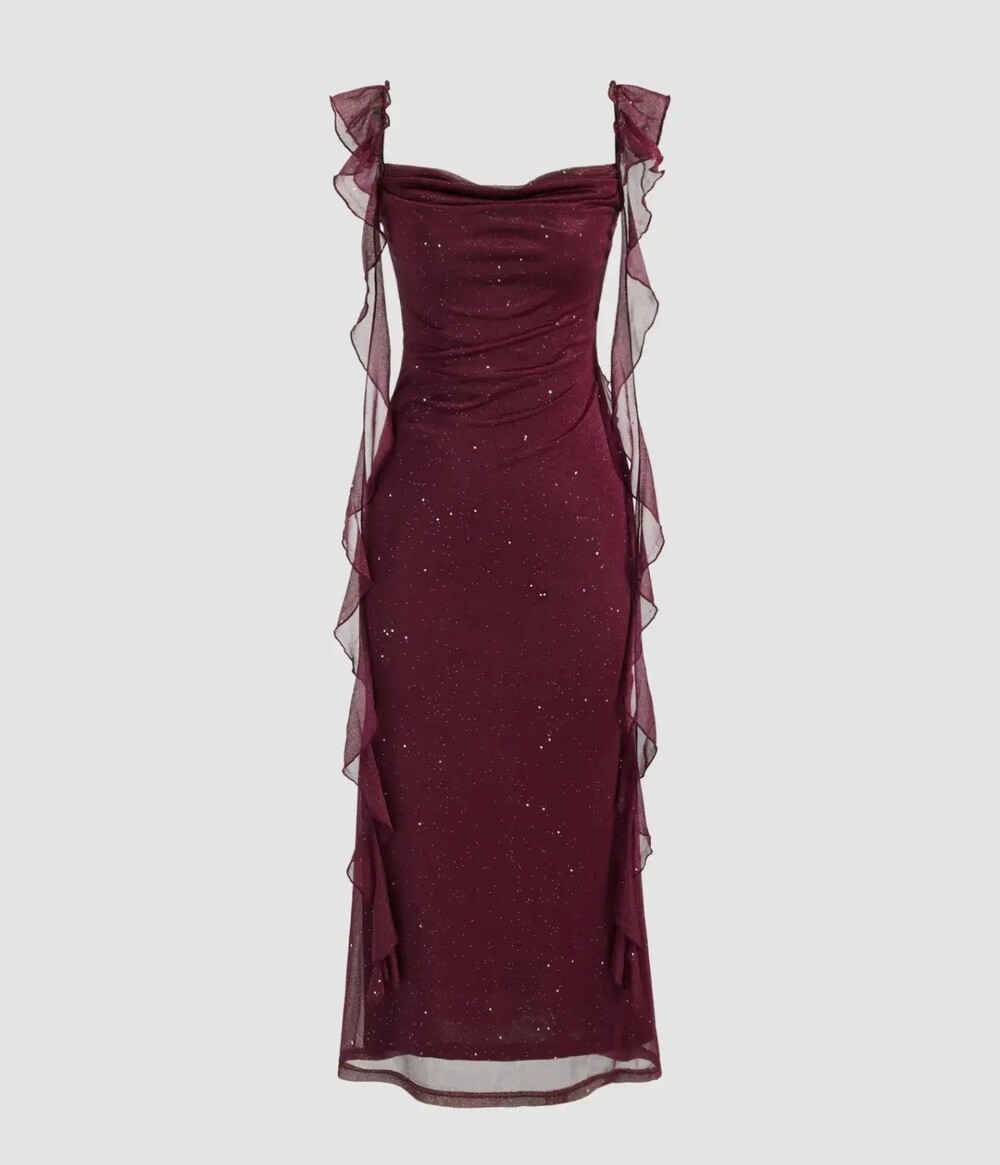 Cider Cowl Neck Solid Glitter Ruffle Hem Maxi Dress Burgundy S